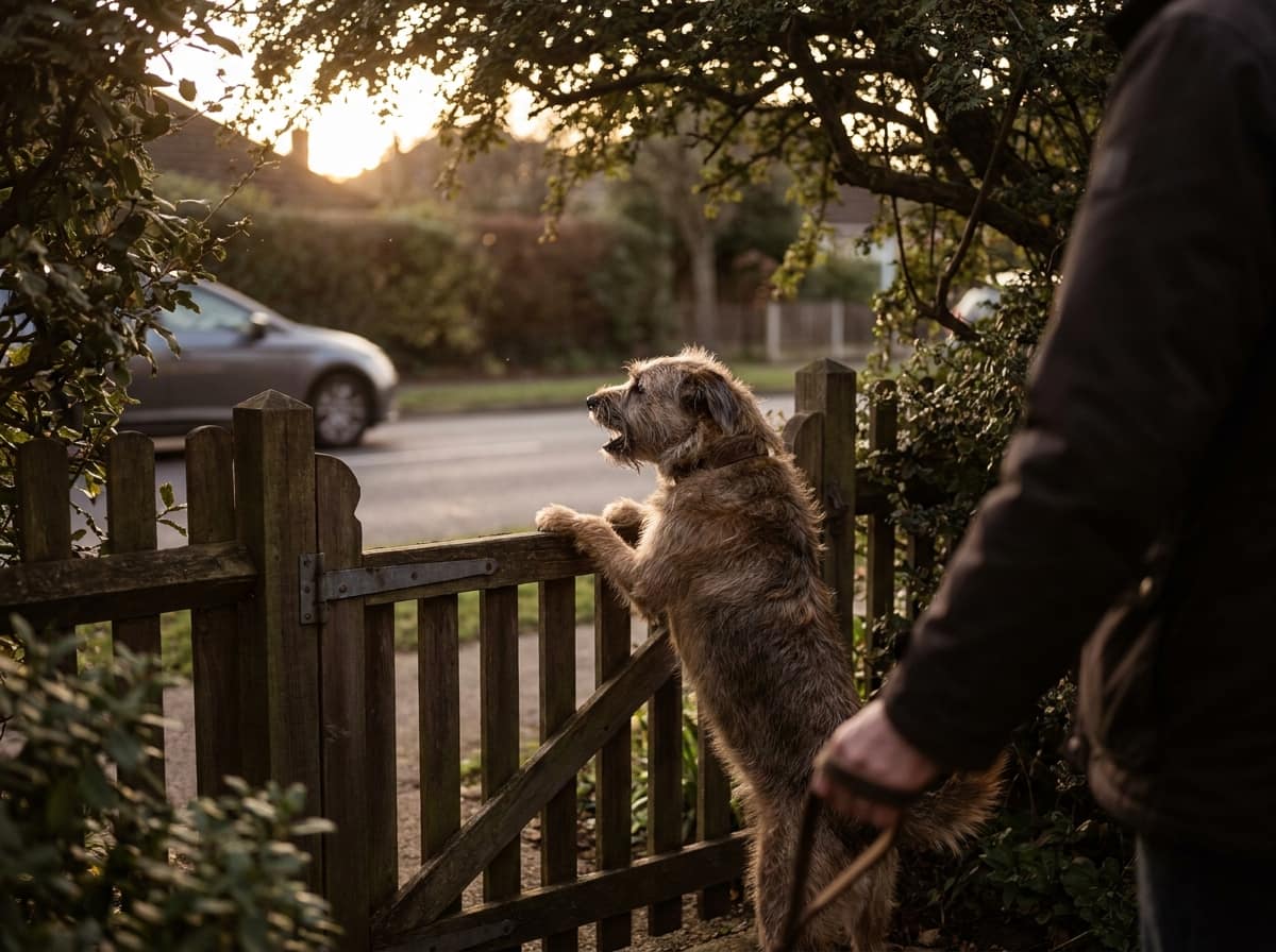 Chien qui aboie au-dessus de la clôture vers la rue