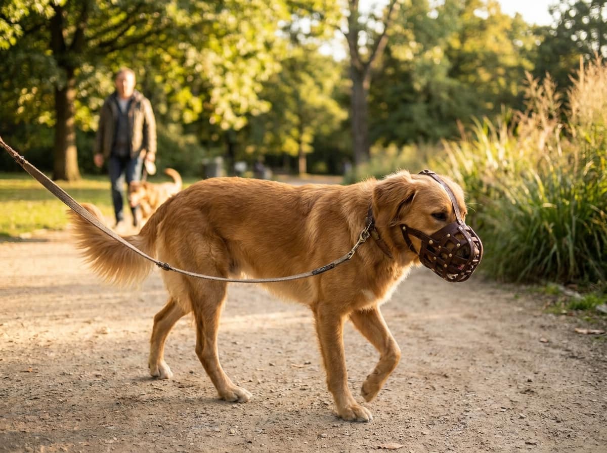 Chien portant une muselière panier en promenade