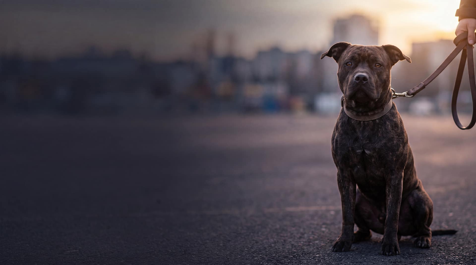 Chien de catégorie 2 muselé et tenu en laisse sur la voie publique