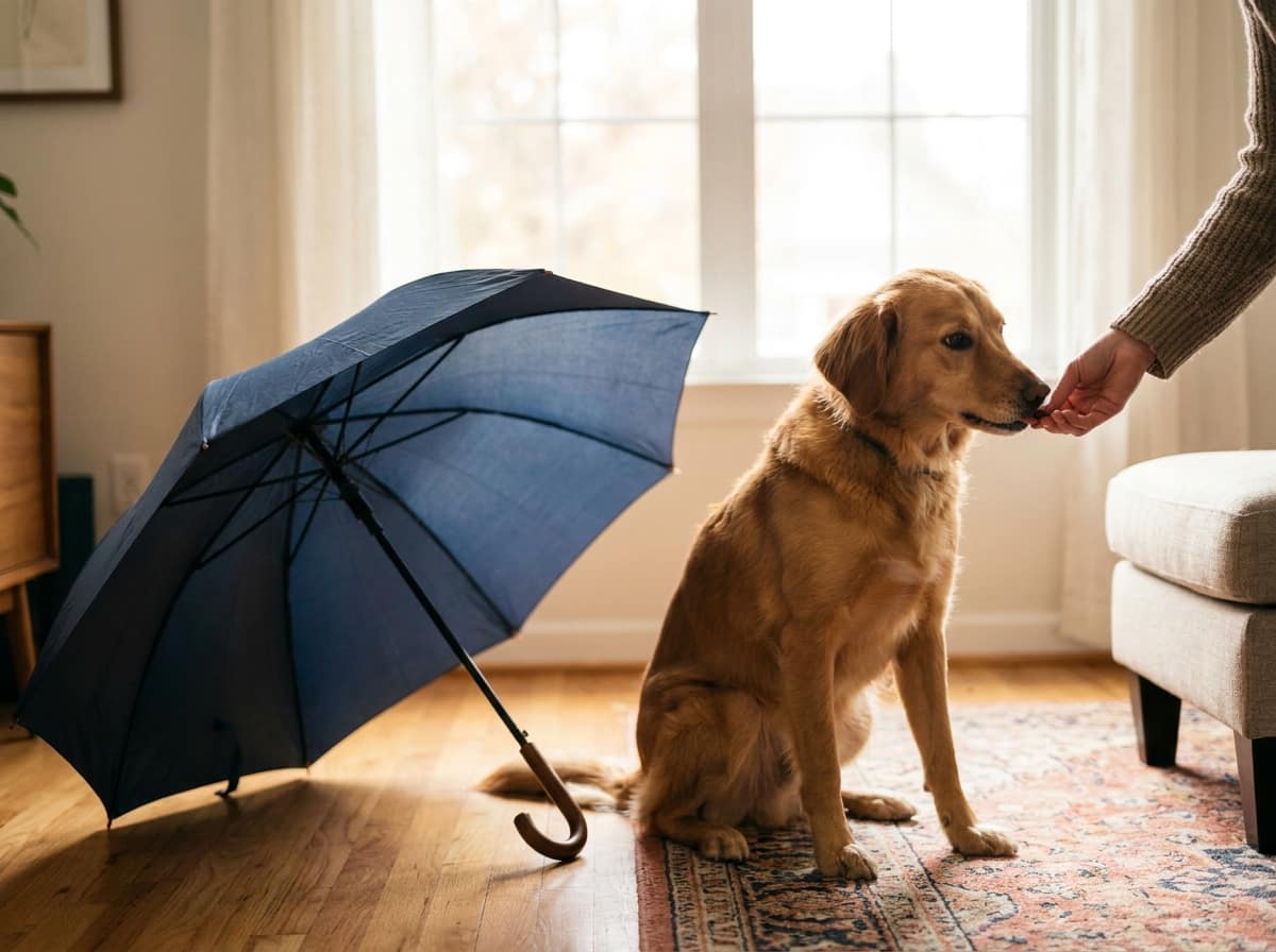 Désensibilisation d'un chien peureux récompensé près de l'objet redouté