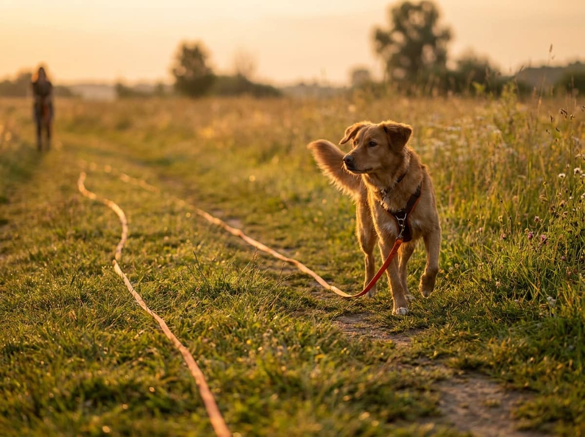 Chien travaillant le rappel en longe dans un champ